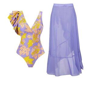 Floral One-Shoulder Ruffled Swimsuit V Neckline Yellow Lavender Womens Size XL